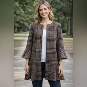 Cabi Flounce Houndstooth Floral-Piped Jacket – Ruffled Hem & Flared Sleeves  XL